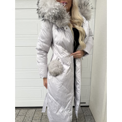 Šedostříbrný péřový kabátek s liškou